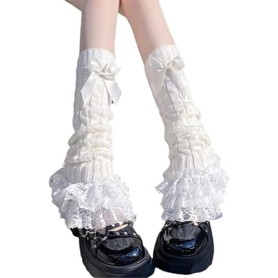 Manchons de jambe tricotés pour femme avec nœud papillon, chaussettes à volants superposés avec nœud, chaussettes dentelle Lolita pour fille, cache-jambes en forme de T en dentelle pour mollets, femmes One Size white
