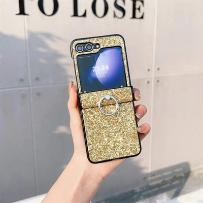 Ring Diamant Glitter Poeder Telefoonhoesje voor Samsung Galaxy Z Flip 6 5 4 3 Flip6 Flip5 Flip4 Flip3 Beschermende Schokbestendige Hoes Galaxy Z Flip6 beige