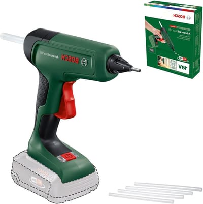 Acculijmpistool AdvancedGlue 18V - Zonder accu - 18 Volt System - 4 lijmsticks - Opwarmen in 90 sec - Dual-Temp-modus 130°C - 200°C - Voor DIY reparatie - In kartonnen doos