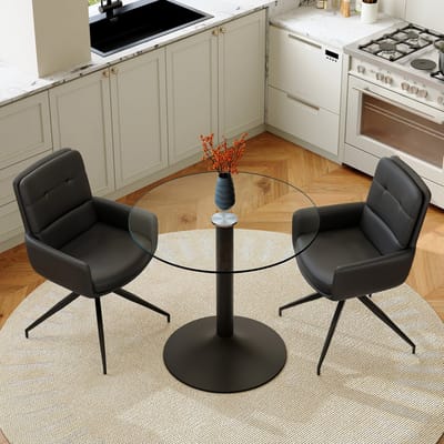 Set Tafel En Stoelen - Ronde Glazen Eettafel Met 2 Draaistoelen - Comfortabel En Stijlvol - Voor Eethoek Of Café - Zwart