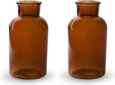 Jodeco Bloemenvazen - 2x stuks - Apotheker model - mahonie bruin/transparant glas - H20 x D10 cm