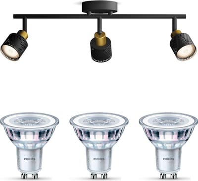 Philips Niall Opbouwspot (Zwart/Goud) - Warmwit Licht - Plafondspot met 3 Lichtpunten - GU10 - Niet Dimbaar