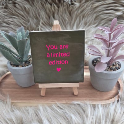 Robuust Wenstegeltje – You Are a Limited Edition – Hip trendy tegeltje – Uniek Cadeau voor Vriendin, Zus of Collega – Stoer & Stijlvol Woonaccessoire - Zomaar - Afscheid - Pensioen – Trendy nu – Decoratief Tegeltje met Standaard – Cadeau Idee