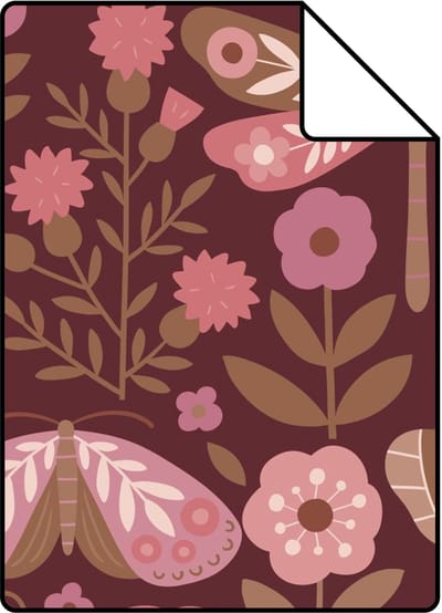 Proefstaal ESTAhome behang bloemen & vlinders donker paars en roze - 26.5 x 21 cm - 131882-S