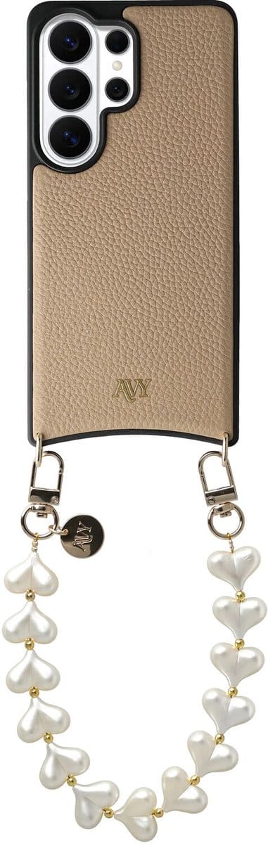 AVY Leren Hoesje Geschikt voor Samsung Galaxy S26 Ultra | Compatibel met MagSafe | Leather Case met Telefoonkoord | Polsbandje | Beige | Cupid Pearl