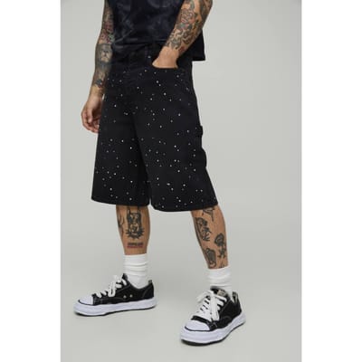All Over Rhinestone Overdye Denim Jorts | Washed Black | Size 44