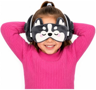 Relaxeazzz Relaxeazzz Reis set - Husky hond knuffel / reiskussen / slaapmasker - voor kinderen - in vliegtuig of auto