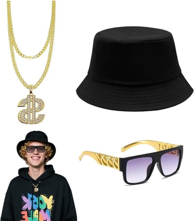 Hippie Kostuum Set voor Carnaval en Themafeesten met Dollar Ketting en Gangster Zonnebril, Perfect voor 80s en 90s Hip Hop Look