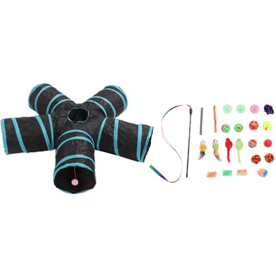 Katten Speeltunnel Speelgoedset Multifunctioneel Leuk Interactief Belbal Pluche Bal Muisspeeltje Pluimstok black