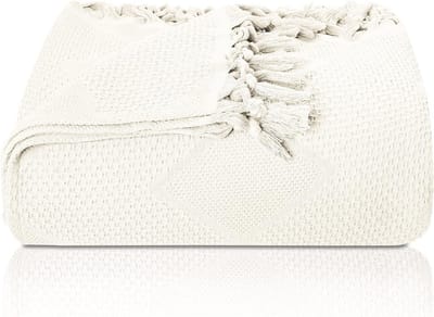 Premium Katoenen Sprei met Handgeknoopte Franjes - Wafelpiqué Zomerdeken - 180 x 220 cm