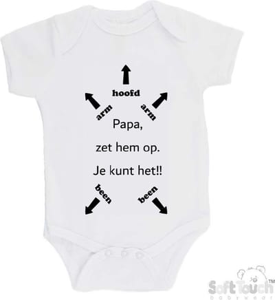 100% katoenen Romper "Papa, zet hem op. Je kunt het!!" + Hoofd Unisex Katoen Wit/zwart Maat 56/62