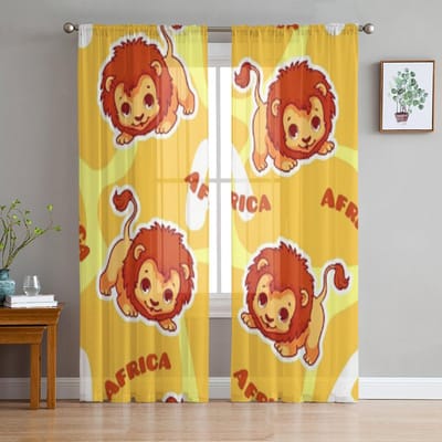 Leeuw Schattige Cartoon Tule Transparante Raamgordijnen Voor Woonkamer De Slaapkamer Moderne Chiffon Voile Organza Gordijnen Decoratie Draperieën 135W x 114H(cm) yellow