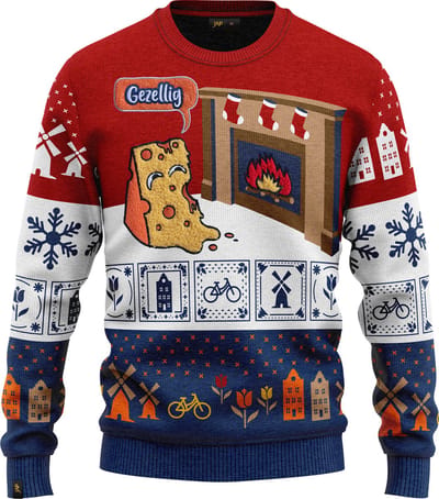 JAP Christmas Around the World Kersttrui voor kinderen (maat 122/128) - 100% Gerecycled - Kriebelt niet - Kerstcadeau - Foute Kersttrui jongens en meisjes (7/8 jaar) - Nederland - Rood/Wit/Blauw