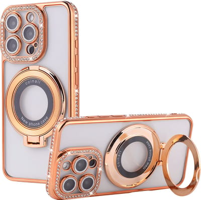 Hoesje Geschikt voor iPhone 16 Magsafe hoesje Goud - Lens beschermer ring Luxury Bling Sparkly Diamond backcover