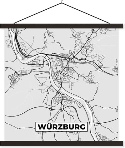 Posterhanger incl. Poster 60x60 cm - Schoolplaat - Duitsland - Stadskaart - Plattegrond - Würzburg - Kaart - Textielposter - Zwarte latten - Stadskaart