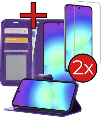 Hoesje - Met 2x Screenprotector - Geschikt voor Samsung Galaxy A56 - Luxe Pasjeshouder - Flip Case - Bookcase Portemonee - Kunstleer Book Case - Flipcase Hoes - Book Cover - Walletcase - Portemonneehoes - Telefoonhoes - Paars