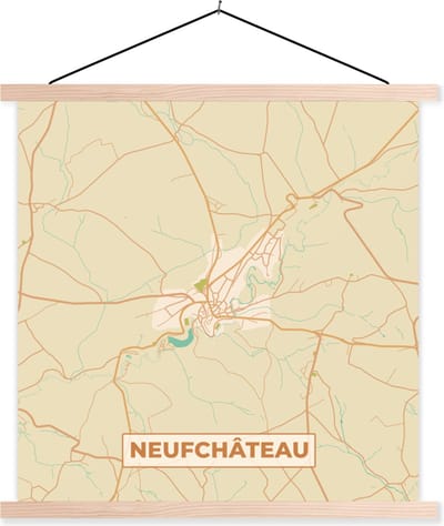 Posterhanger incl. Poster 40x40 cm - Schoolplaat - Neufchâteau - Vintage - Plattegrond - Stadskaart - Kaart - Textielposter - Blanke latten - Stadskaart