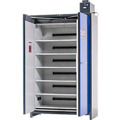 Asecos acculaadkast ION-PRO-90 PC, 6 geperforeerde legplanken + stopcontacten, 1 lekbak, B 1193 x D 615 x H 2224 mm