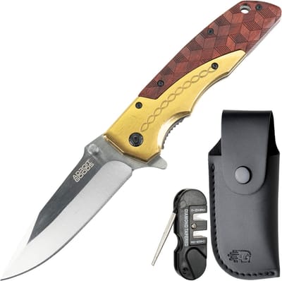 AdroitGoods Zakmes met houten en messing handgreep – incl. hoes en slijptool - Premium opvouwbaar outdoor mes met luxe houten patroonhandgreep