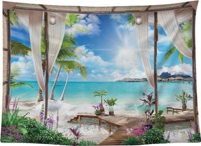 Ulticool - Doorkijk Strand Zee Natuur - Wandkleed Poster - 200 x 150 cm - Wandtapijt - Tuinposter - Schilderij Decoratie Tuin Versiering Accessoire Buiten - Muurdecoratie woonkamer