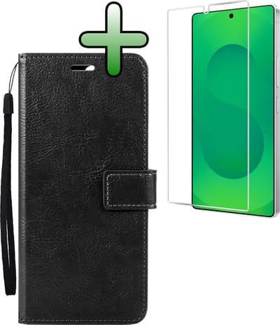 Hoesje Met Screenprotector - Geschikt voor Samsung Galaxy S25 Ultra - Luxe Pasjeshouder - Bookcase Portemonee - Flip Case - Kunstleer Book Case - Flipcase - Book Cover - Walletcase - Portemonneehoes - Zwart