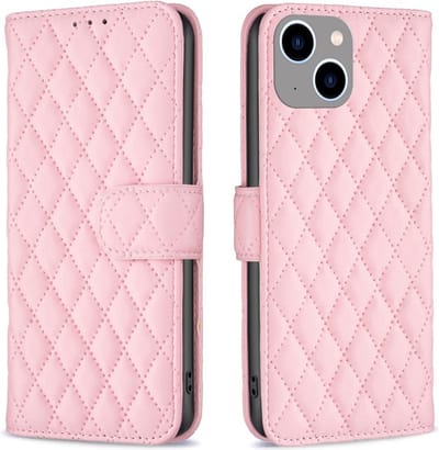 BINFEN Hoesje - Geschikt voor iPhone 15 Hoesje - BINFEN Rhombus Book Case - Roze