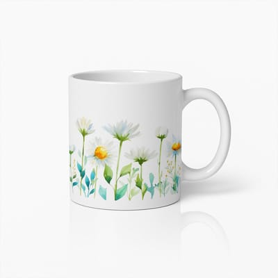 Bloemige Waterverf Mok 330ml – Elegante Madeliefjes en Bladeren Design – Sfeervolle Koffiemok voor Natuurliefhebbers, Tuiniers & Lentegevoel