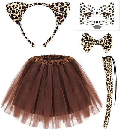 Dailygoods- Luipaardkostuumset - Luipaardoren - Gezichtstattoo - Bruine Tutu-rok - Luipaardstaart - Geschikt voor carnaval/Halloween - Dierenverkleedkostuum