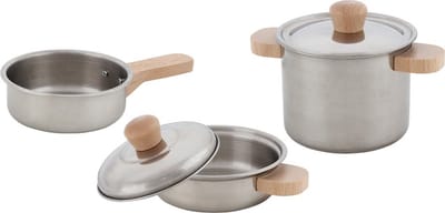 GOKI Speelgoedkeuken - Kookset - 1 Kookpot, 1 Braadpan En 1 Bakpan - Metaal En Hout - 3 Jaar