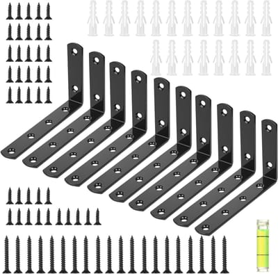 Set van 10 Zwarte Stevige Wandbeugels voor Planken, L-vormige Steunbeugels, Muurbevestiging, Ideaal voor Drijvende Planken en Opbergrekken (12,5 x 7,5 cm, Inclusief Schroeven)