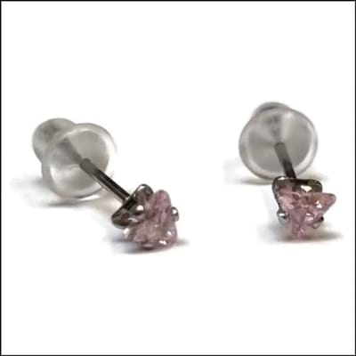 Aramat Jewels | Oorbellen | RVS Zweerknopjes Driehoek Zirkonia - Geometrische Studs | Zilverkleurig / 3 mm / Roze | |3mm | Staal | Kinderen, Volwassenen | Verkleurd niet
