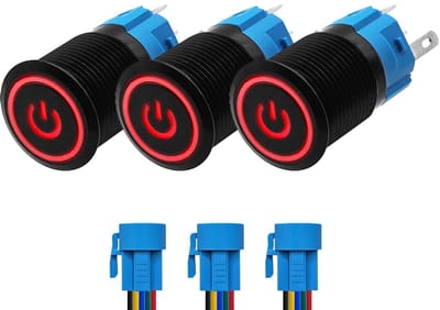 ProRide Drukschakelaar ON-OFF 12V/24V - 16mm Metaal - Waterdicht - LED Rood - Met Kabels - 3 stuks