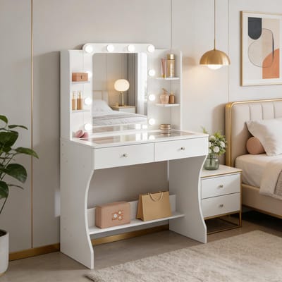OKWISH Kaptafel Met Spiegel – Driekleurige Ledverlichting En Opbergruimte – Gehard Glas – MDF Wit – 80x40x135 Cm