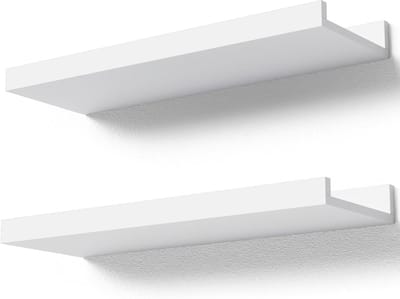 Witte zwevende planken van hout, set van 2, 40 cm voor wanddecoratie, fotoweergave en opbergruimte in woonkamer, slaapkamer, badkamer en keuken