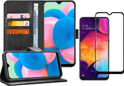 Hoesje geschikt voor Samsung Galaxy A30s - Screen Protector FullGuard - Book Case Kunstleer Pasjeshouder Zwart & Screenprotector