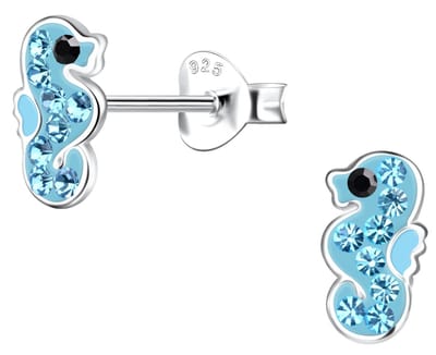 Joy|S - Zilveren zeepaardje oorbellen - 5 x 8 mm - blauw kristal - kinderoorbellen