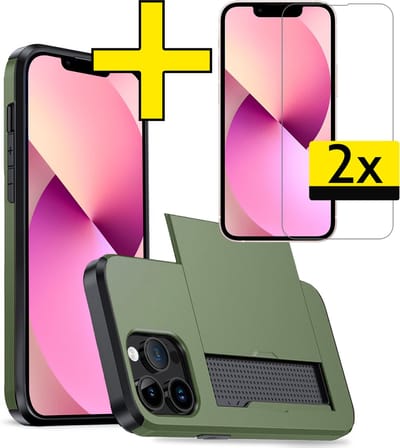 Hoesje Geschikt voor iPhone 14 Pro Hoesje Case Pashouder Hard Cover Met 2x Screenprotector - Hoes Geschikt voor iPhone 14 Pro Hoesje Met Kaarthouder - Donkergroen