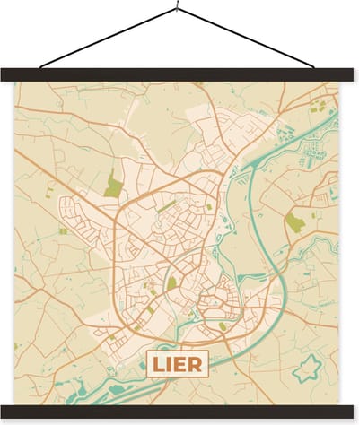 Posterhanger incl. Poster 60x60 cm - Schoolplaat - Stadskaart - Kaart - Lier - Plattegrond - Vintage - Textielposter - Zwarte latten - Stadskaart