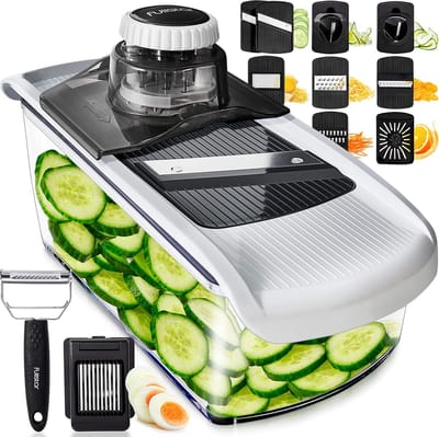 Famanu – 11-in-1 Professionele Groentesnijder – Mandoline snijmachine met spiraalsnijder, rasp, eischeider en sapfilter