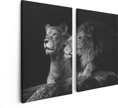 Artaza Canvas Schilderij Tweeluik Leeuw En Leeuwin - Zwart Wit - 80x60 - Foto Op Canvas - Canvas Print