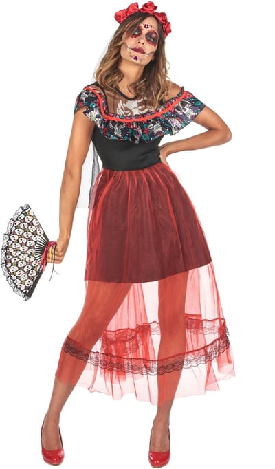 Vegaoo - Dia de los Muertos outfit met rode sluier voor vrouwen