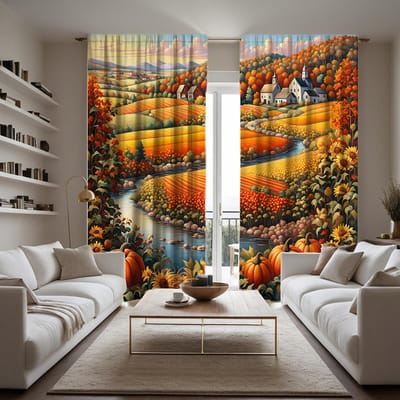2 stuks HD goud landelijk veldzicht decoratief gordijn Geel digitaal bedrukt gordijn Woondecoratie stijl decoratie woonkamer W52H63inchW132H160cm orange