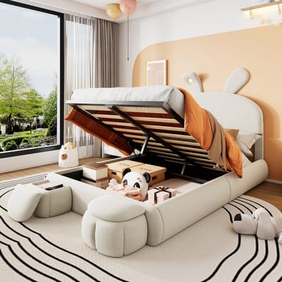 Sweiko Kinderbed - 140x200 cm - Hydraulisch bed - Konijnenoren met lampjes - Twee opbergbanken - Velvet - Beige