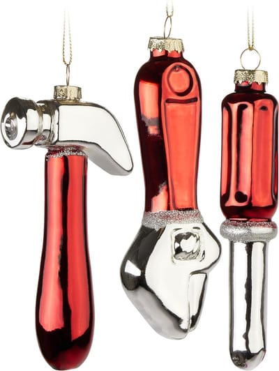 BRUBAKER Gereedschapsset - 3-Delige Set Kerstballen Van Glas - Schroevendraaier, Hamer En Moersleutel - 12 Cm Gereedschap Voor Klussers - Mondgeblazen En Handbeschilderd - Rood