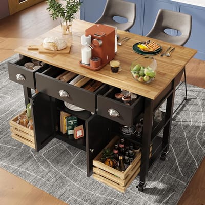 Keukeneiland met uittrekbare grenenmand en inklapbare plaat: mobiele keukentrolley, zwart, 360° wielen, 3-traps scheidingswand, 120 x 45 cm, multifunctioneel en ruimtebesparend