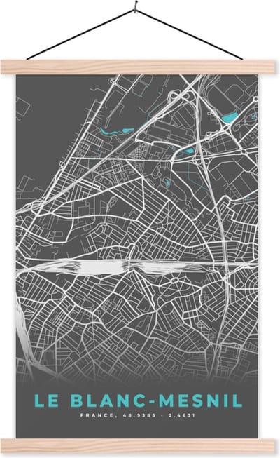 Posterhanger incl. Poster 40x60 cm - Schoolplaat - Frankrijk - Plattegrond - Le Blanc-Mesnil - Kaart - Stadskaart - Textielposter - Blanke latten - Stadskaart