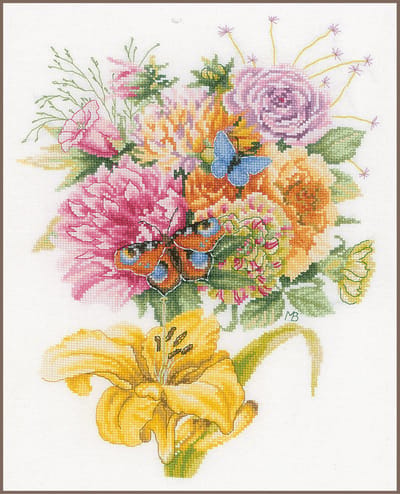 Lanarte Borduurpakket - Borduurset - Borduurpakket volwassenen - Telpakket kit - 28 x 38cm - Fleurig boeket met vlinders - Marjolein Bastin - PN-0202550