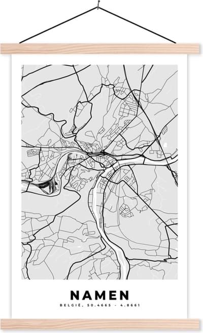 Posterhanger incl. Poster 40x60 cm - Schoolplaat - België – Namen – Stadskaart – Kaart – Zwart Wit – Plattegrond - Textielposter - Blanke latten - Stadskaart