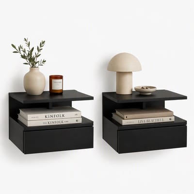 HomeGoodies - Zwevende nachtkastjes - Hangende nachtkastjes - Set van 2 - Met schuiflade, open vak, dienblad - Zwart