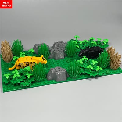 MOC Blokken Dichte Jungle Bos Struik Scène Tijger Leeuw Wild Dier Habitat Boom Plant Bouwstenen Gemonteerd Kinderspeelgoed